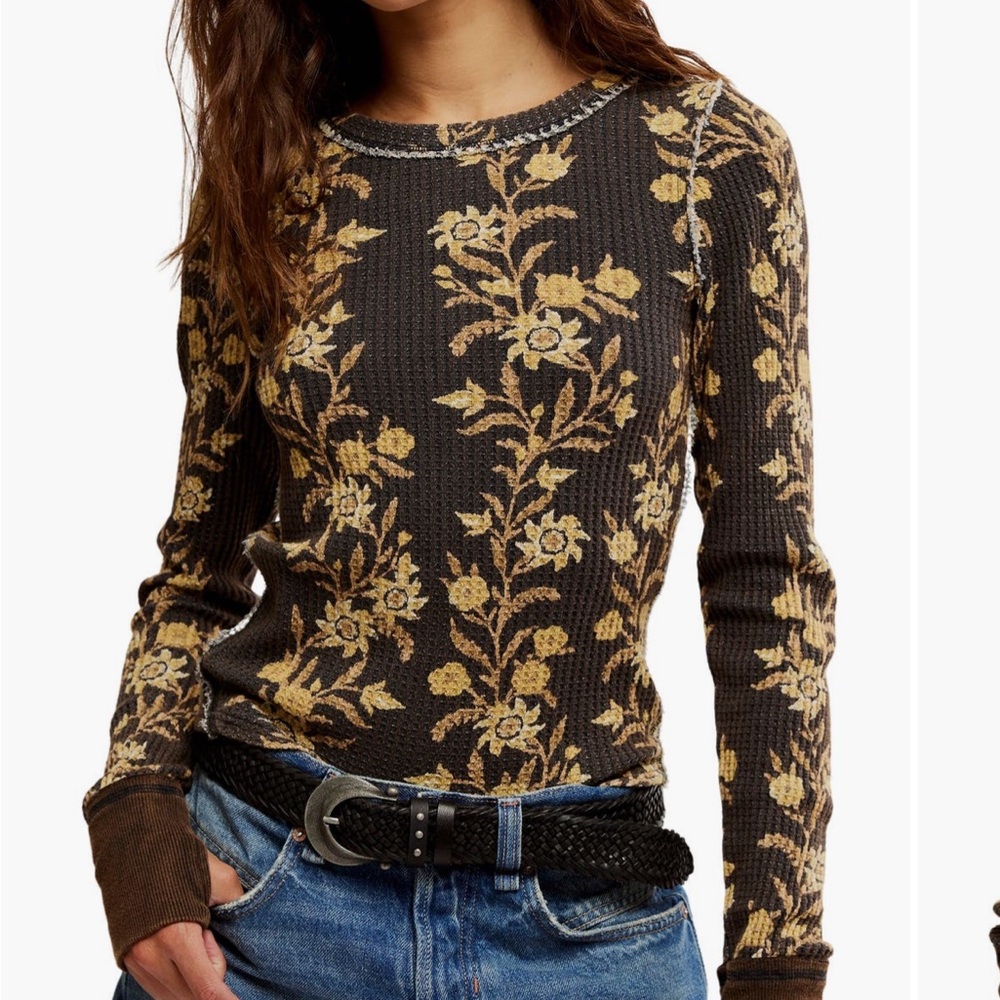 Free People Pretty Little Thermal Top. 
Brown and Gold Floral Long Sleeve Top